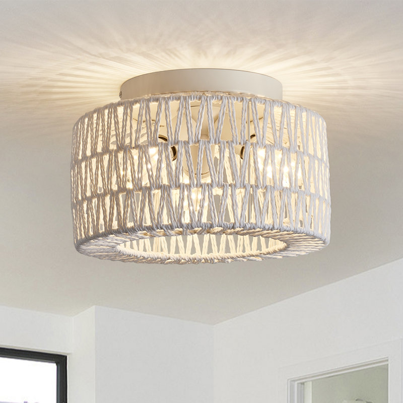 Rattan Semi Flush Mount, White