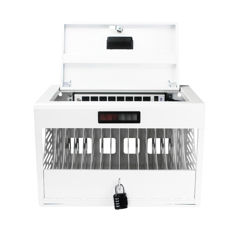16 Locking Charging Station - White Cabinet With Efficient Portable Cord Arrangement, For Office, , , Device Storage 16 Laptop & Tablet Lockable, White, Classroom, Stores Charges Multiple Electronic