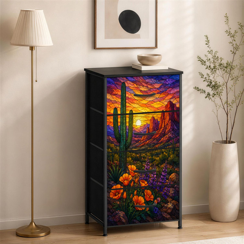 Commode 4 tiroirs pour chambre à coucher cactus vitrail Western Sunset fleur rouge roche désert paysage petite grande commode pour vêtements
