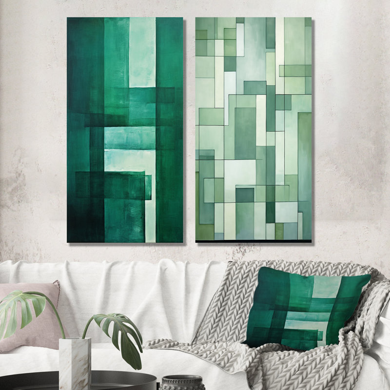 «Green Cubic Line Art Deco», ensemble de 2 reproductions d'art géométriques abstraites en métal, H 28 po x l 24 po