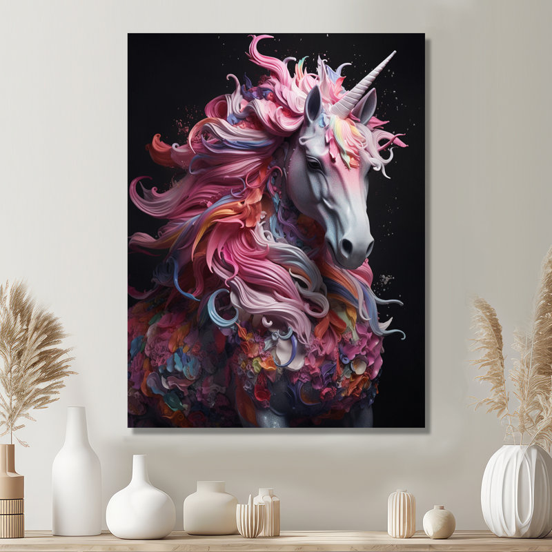 Décoration murale licorne féroce avec crinière rose - licornes, H 20 po x l 12 po x P 1 po, Toile tendue