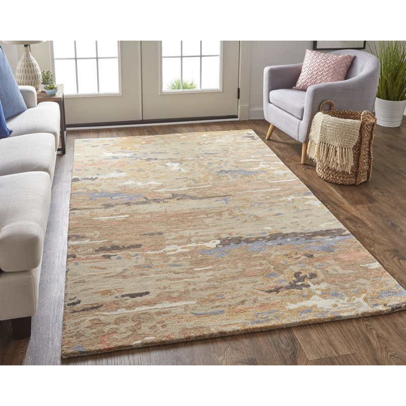 Tapis rectangulaire en laine touffeté à la main abstrait brun clair / bleu, Rectangle 2 pi x 3 pi