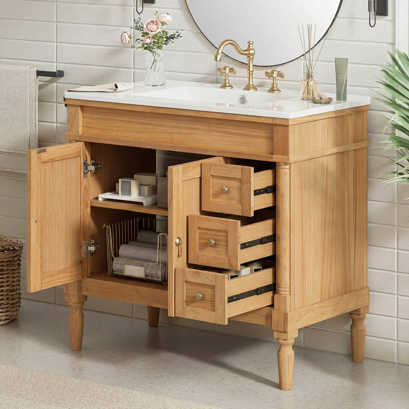 Meuble-lavabo de 36 po avec lavabo en céramique, portes à fermeture douce, tablettes réglables et armoire de rangement moderne pour les petites et moyennes salles de bain