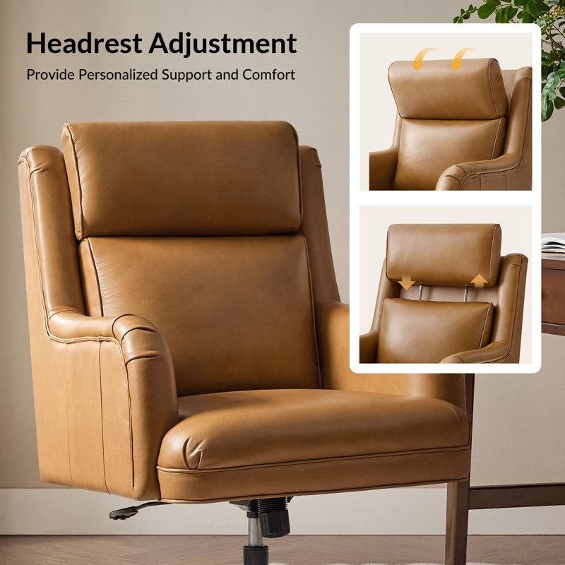 Heeg Traditional 42.5"H Genuine Leather Swivel Tilting Office Chair with Adjustable Headrest and Solid Wood Legs, Camel