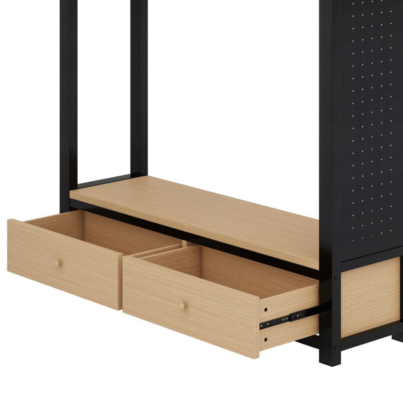 Loft Bed Frame With Wardrobe,Metal Loft Bed With Storage Shelves And Pegboard