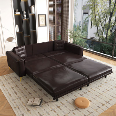 92.1"King Size Pull Out Sofa Bed,3-In-1 Faux Leather Convertible Sleeper Sofa With Wide Armrests,Tufted Modern Sofa,4-Seater Couch With 2 Pillows For Living Room