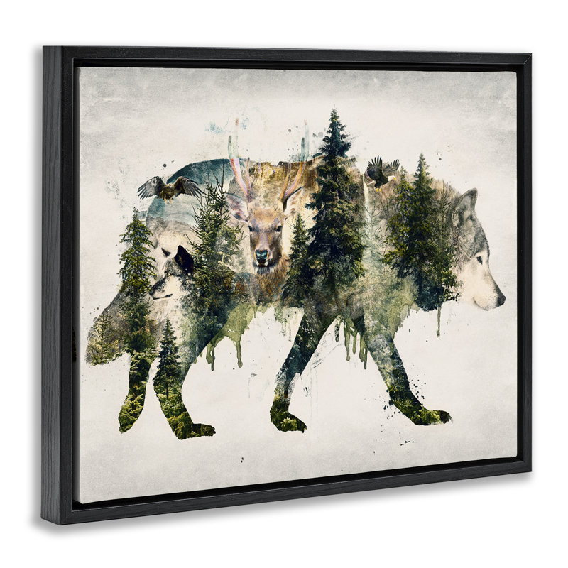 Cadre flottant Woodland Wildlife Wolf, par Barrett Biggers, Cadre flottant noir de jais, H 17 po x l 21 po