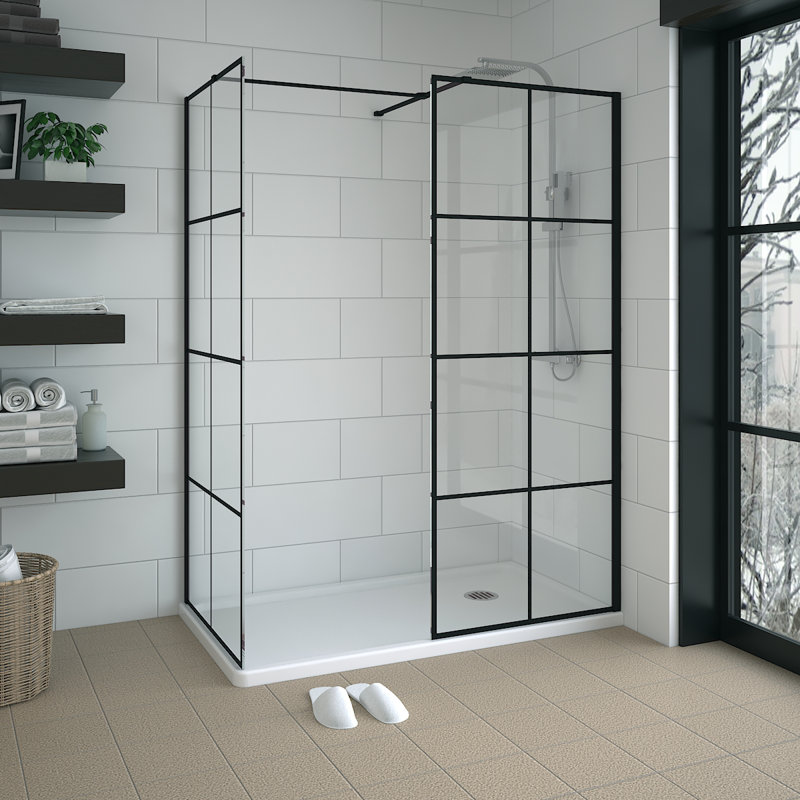 Black Grid Walk In Shower Enclosure Wet Room Glass Screen Pack 900mm and 760mm Panels