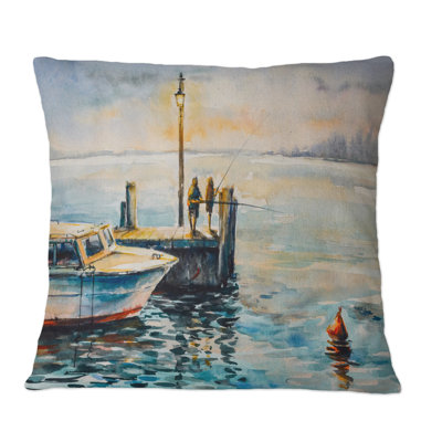 Two Men Fishing At Dusk At The Pier - Nautical & Coastal Printed Throw Pillow