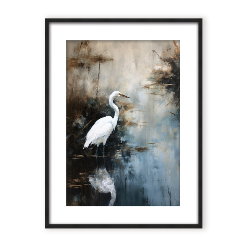 Nature Inspired Egret In Lake, Black, 30" H x 24" W x 1.125" D, Framed Print
