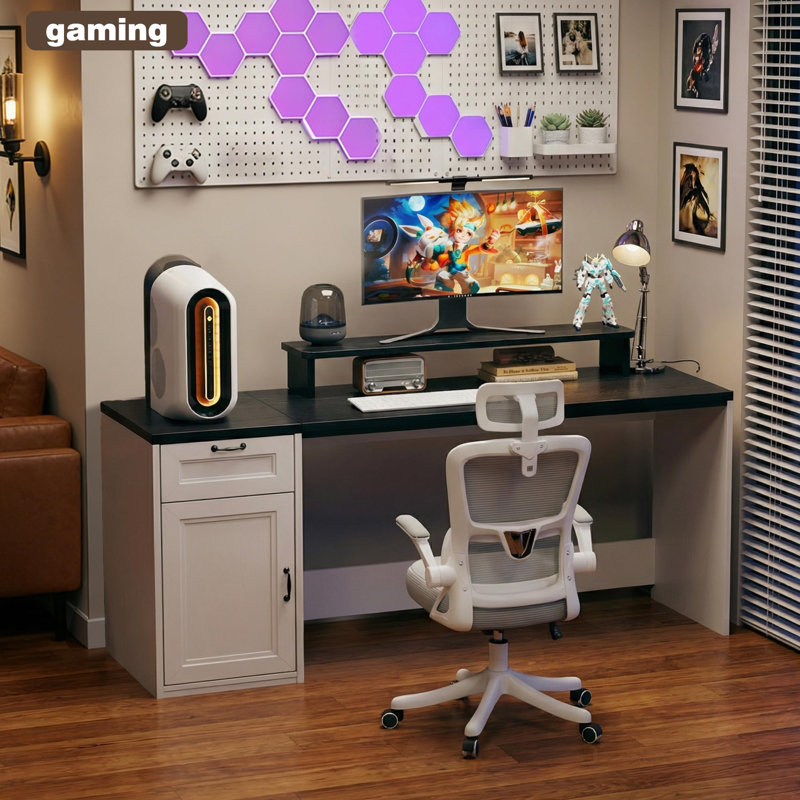 Bureau d'ordinateur 63 "avec support pour écran et bureau avec rangement et prises de courant