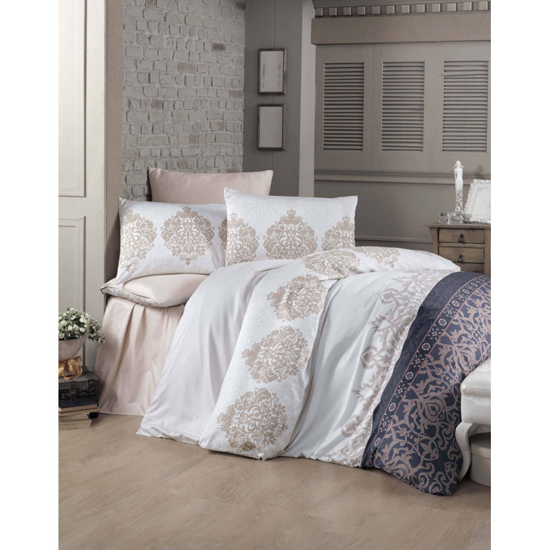 Ensemble de housse de couette 100% coton blanc / beige Soper, Housse de couette double + 2 taies d'oreiller stan