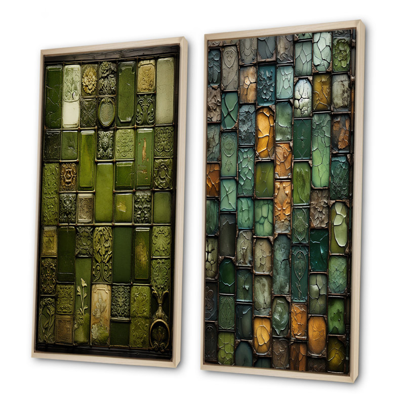 Green Stones Tiles II - ensemble de 2 reproductions d'art sur toile, Cadre flottant brun, H 32 po x l 33 po