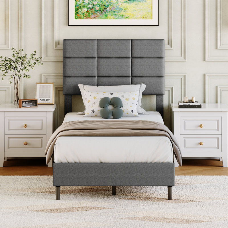 Adjustable Bed Frame with Wood Slats and Support Legs, No Box Spring Required, Easy Assembly, SINGLE  (4'6), Grey