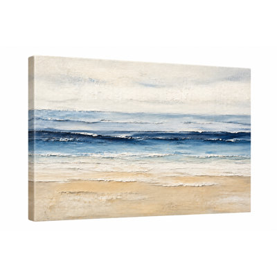 Blue Beige Shoreline Canvas Wall Art, Textured Coastal Beach Landscape Painting, Wrapped Canvas Wall Decor