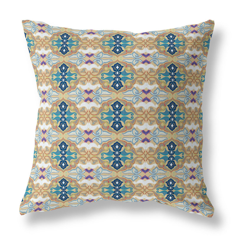 Beige and Blue Floral Faux Suede Square Throw Pillow
