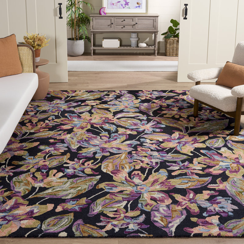 Tapis en laine / coton touffeté à la main noir / prune Kehler, Rectangle 9' x 12'