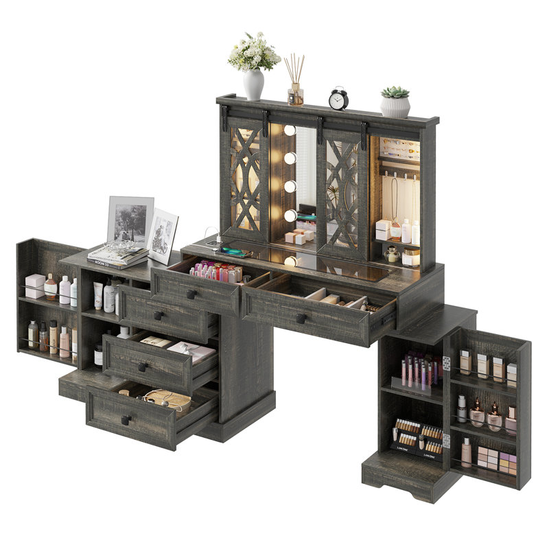 Coiffeuse de maquillage avec éclairage et armoire de rangement, Brun rustique
