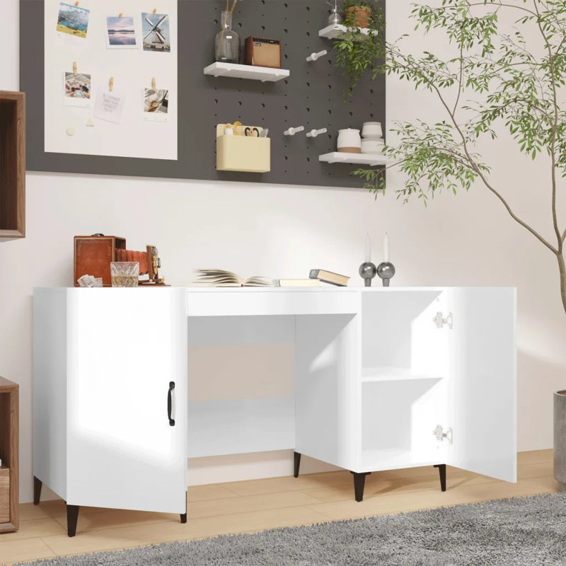 Korhan Computer Desk, High Gloss White/Black
