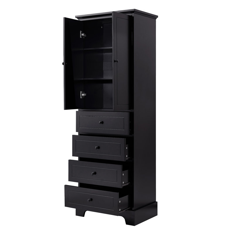 Armoire de rangement avec 2 portes et 4 tiroirs pour la salle de bain, Noir