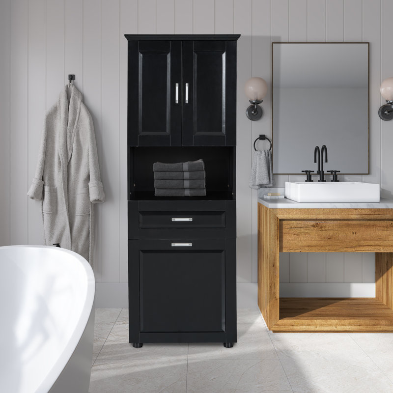 Yasira 69.92'' Tall Bathroom Cabinet With Laundry Basket, Black