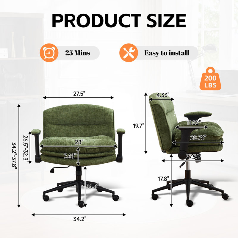 28"W Wide Office Chair with 7.2" Thick Seat, Flip-Up Arms, Adjustable Height & Tilt, Green