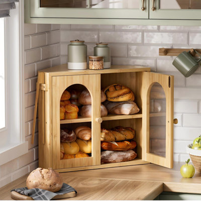 Boîte à pain de coin pour comptoir de cuisine, contenant de rangement à pain en bambou à 2 niveaux pour pain fait maison avec panneau de porte en acrylique transparent, grand bac à pain de style maison de campagne. (Naturel)