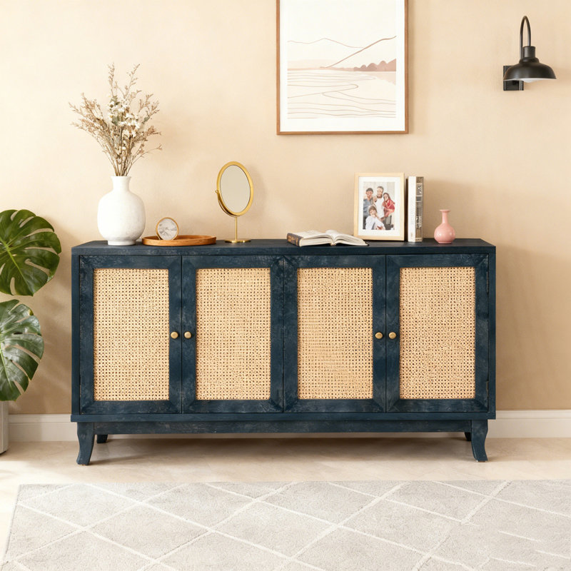 Armoire de rangement décorative avec 4 portes en rotin, Bleu marine antique
