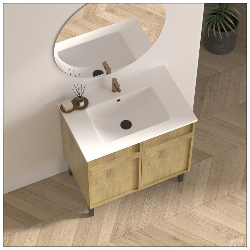 30inch floor-standing bathroom vanity with 3D grooved panel and integrated ceramic sink, 23.62 "H x29.13"W x 17.91"D, Oak