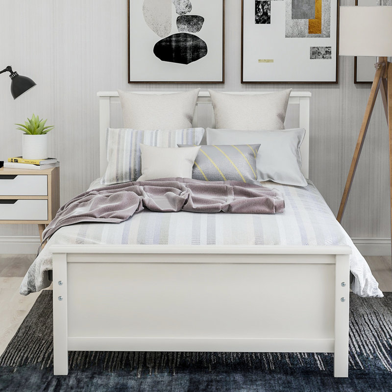Lit simple en bois massif blanc avec tête de lit et plateforme de lattes de soutien pour la literie