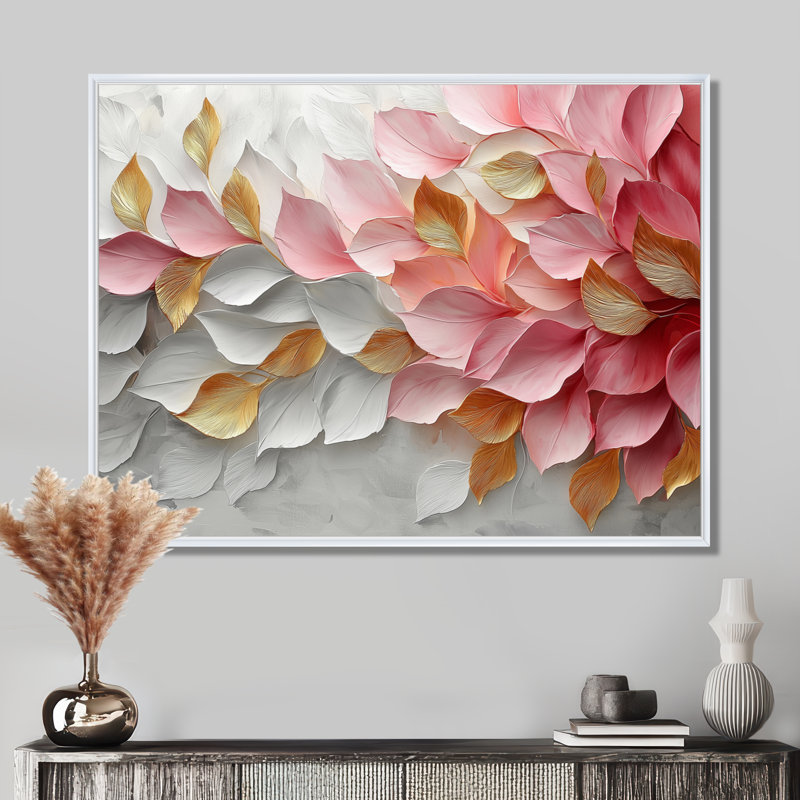 Or rose élégant veines de pétales de fleurs - art abstrait grand fleurs abstraites, H 12 po x l 20 po, Cadre flottant, Blanc