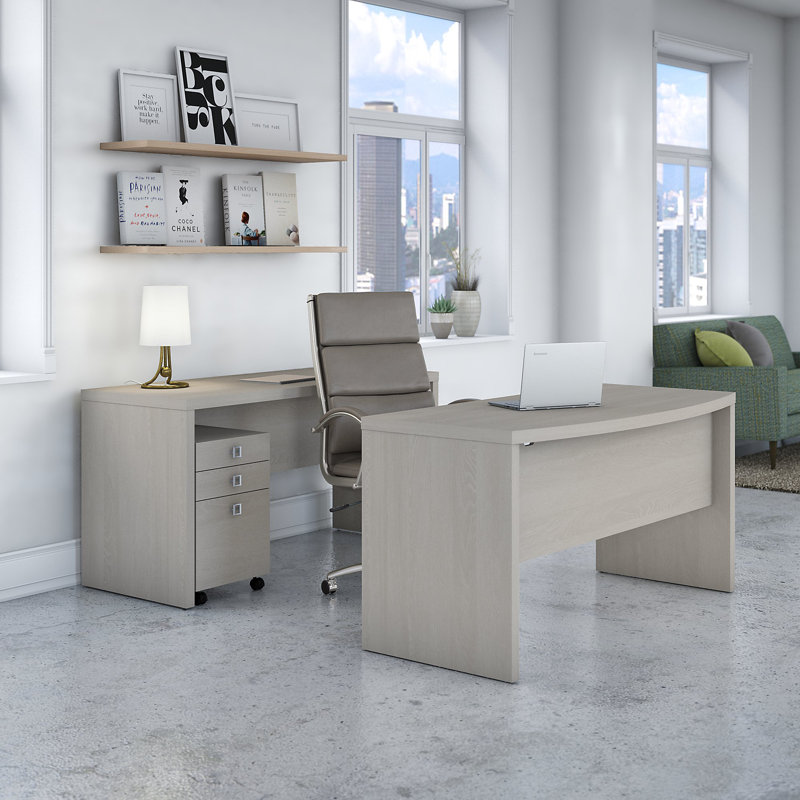 Echo 3-Piece Bow Front Desk, Credenza and Filing Cabinet Set, Gray Sand