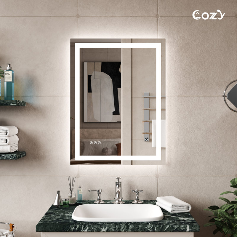 LED Bathroom Mirror with Front & Back LED Lighted Anti-Fog Tempered Glass Vanity Mirror, 3 Colors Temperature & Dimmable Light
