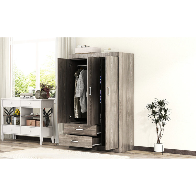 Garde-robe de chambre à 3 portes avec 2 tiroirs, grain de bois gris, décoration moderne et confortable, Gris
