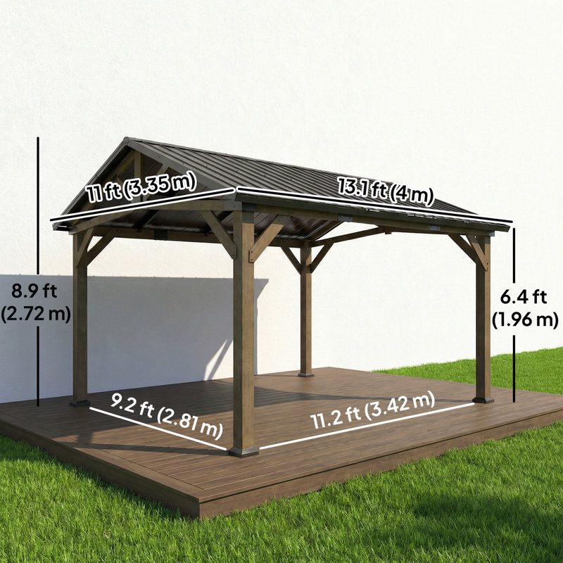Pavillon de jardin à toit rigide 13 'x 11' avec structure en bois de sapin de toit en métal galvanisé