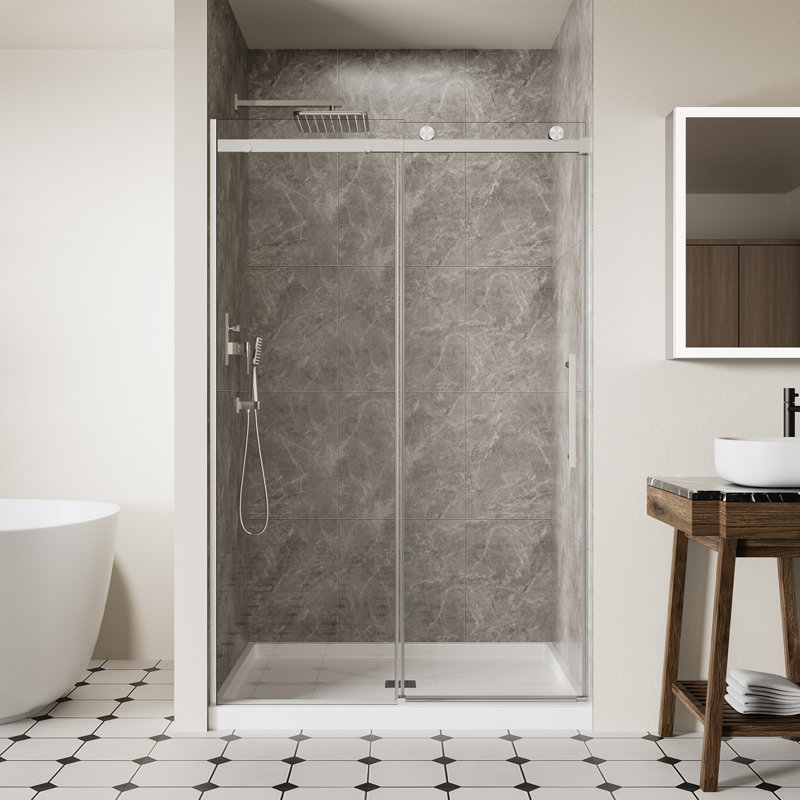 44-48" W x 74" H Frameless Sliding Shower Door, 1/4" (6mm) SGCC Tempered Glass with Explosion-Proof Film & Nano Coating, Stopper Included, Chrome