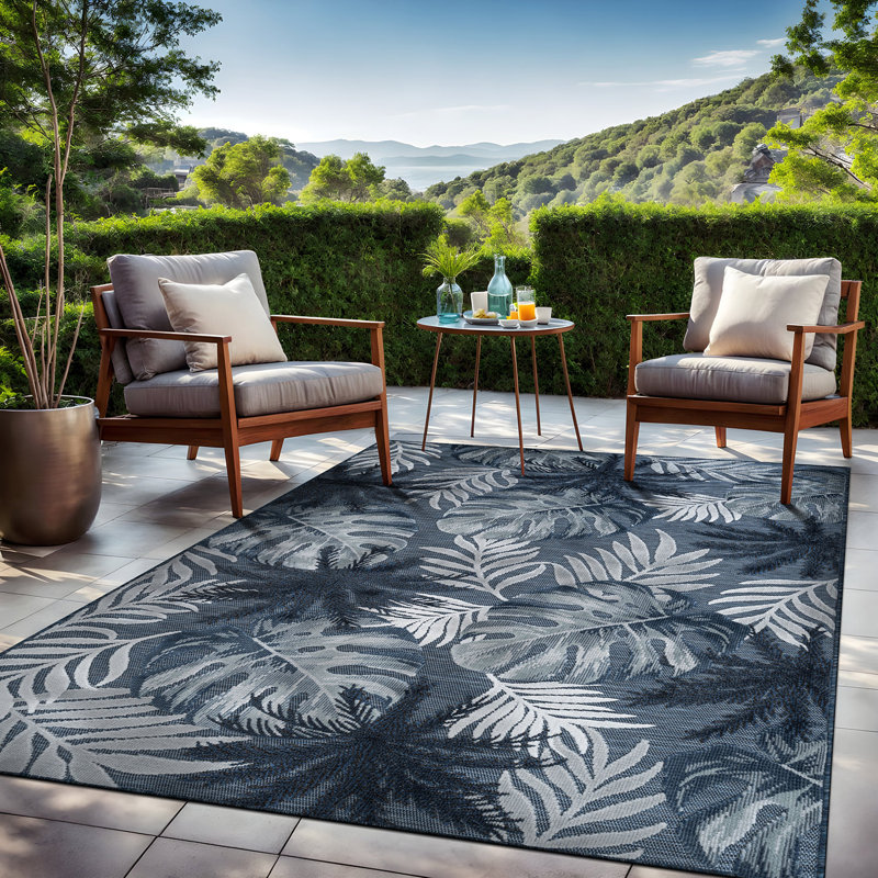 Tapis floral d'intérieur pour l'extérieur, Navy, Rectangle 6' x 9'
