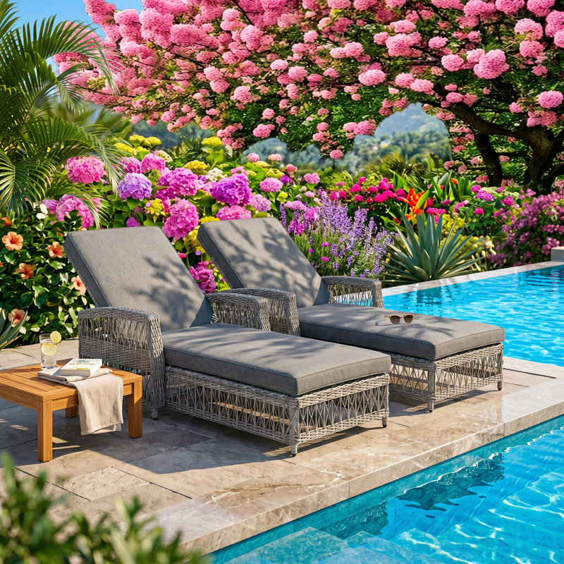 GO 25.6" W x 77.5" D x 37.4" H Set of 2 PE Wicker Reclining Chaise Lounges