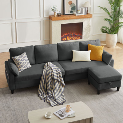 101'' Corduroy Upholstered Sectional Sofa With Storage Ottoman
