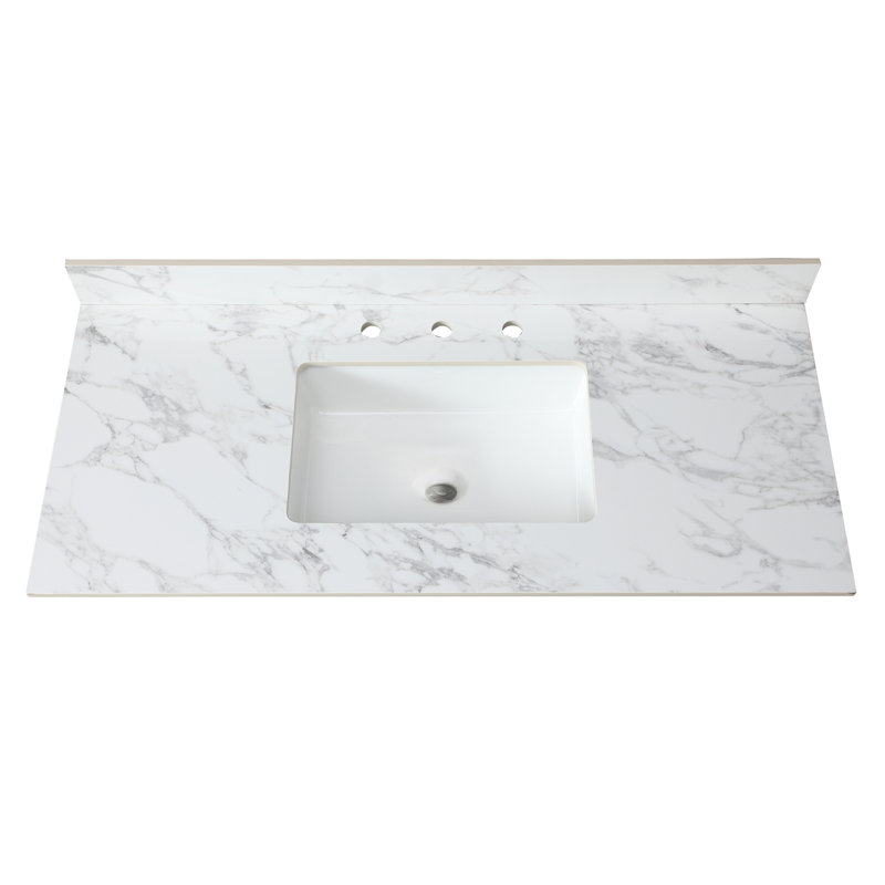 Plateau de meuble-lavabo 49 po x 22 po - Blanc pierre fritté, avec lavabo rectangulaire en céramique, 3 trous de robinet et attrayant, convient à une armoire de l 48 po x P 21 po, facile à installer, dosseret inclus