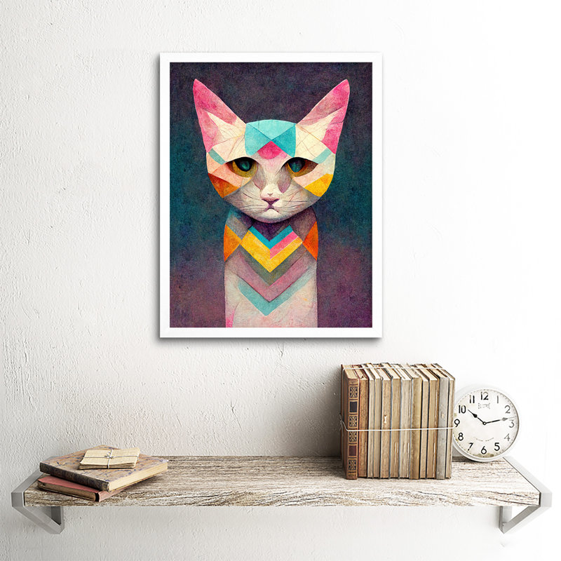Geometric Colourful Multicoloured Pastel Cat - Painting, 43cm H x 33cm W, White Framed Paper