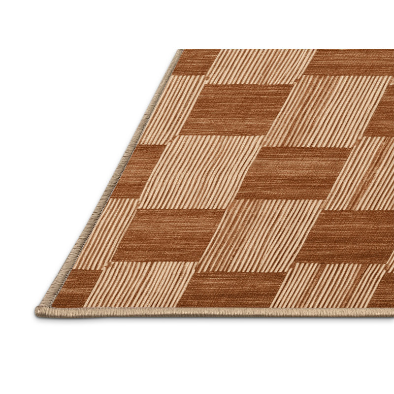 Machine Washable Checkered Brown Area Rug, Runner 2' x 4'