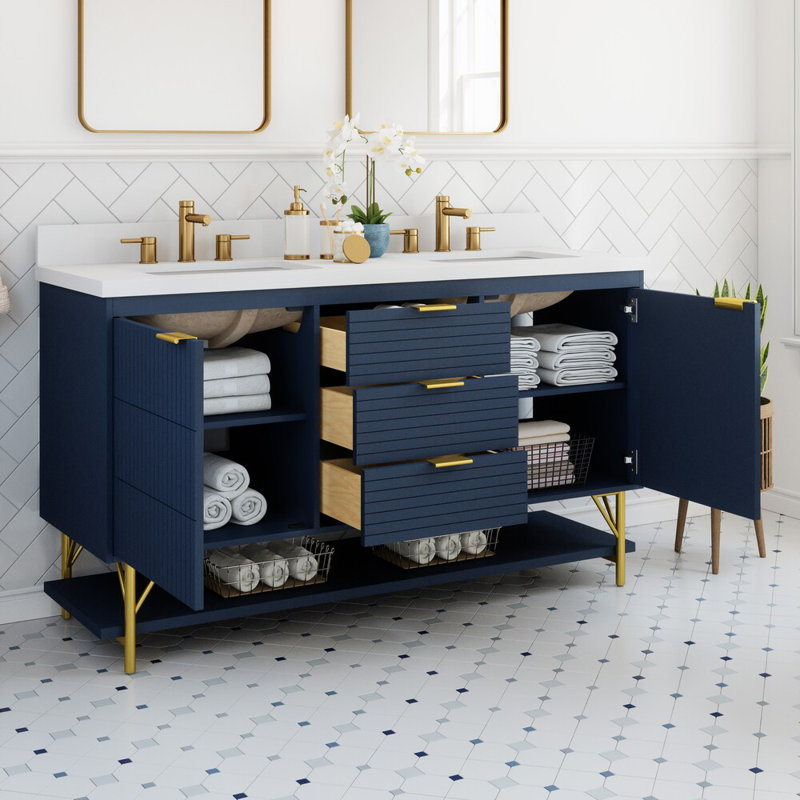 Calletano 60-in Navy Blue Undermount Double Sink Bathroom Vanity With White Quartz Top