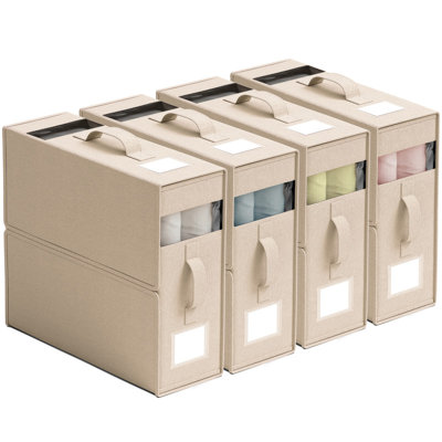 4 Pack Linen Bed Sheet Organizer Bins  – Sheet Storage Bins with 2 Handles, Clear Window & Label Pockets, Foldable Closet Organizer for Queen & King Bedding & Linens