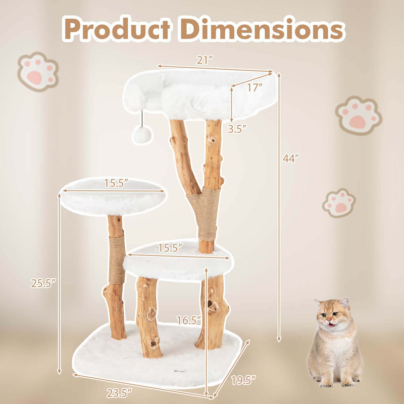 Solid Wood Cat Tree With Perch Natural Jute Scratching Posts Dangling Ball