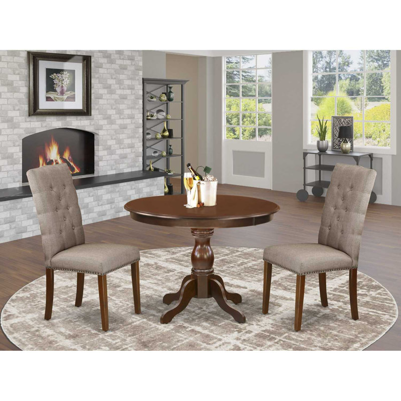 5 Piece Kitchen Table Set for 4 Includes a Round Dining Room Table with Pedestal and 4 Dark Khaki Linen Fabric Parsons Dining Chairs, Mahogany