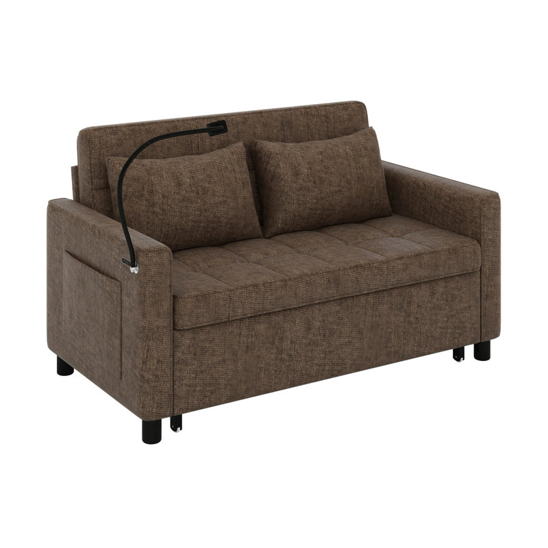 Canapé-lit convertible, canapé-lit escamotable avec dossier réglable, canapé-lit en chenille avec poche latérale, Brun