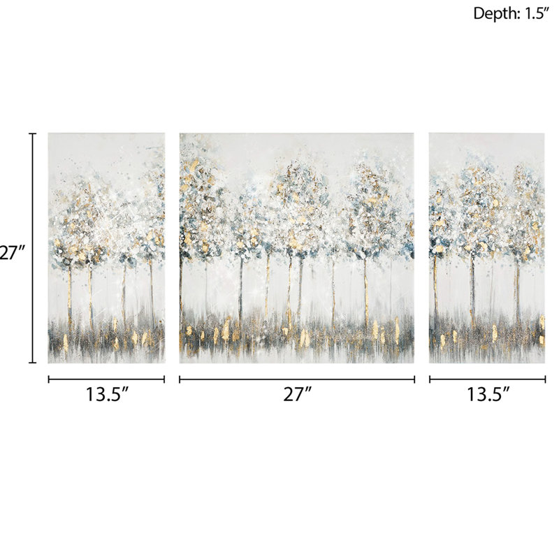 Décoration murale forêt dorée, abstrait bleu-gris, l 27 po x H 27 po + 2 (l 13,5 po x H 27 po), main avec paillettes, utilisation intérieure, art sur toile, motif et gris