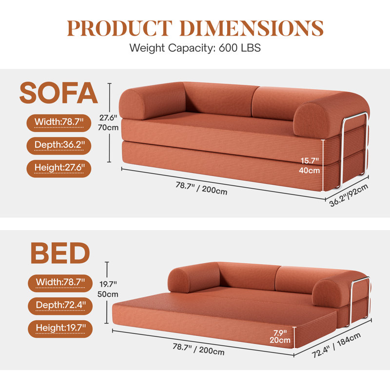 Adonia Foldable Three Person Corduroy Fabric Sofa Bed with High-Rebound Density Sponge, Reddish Brown