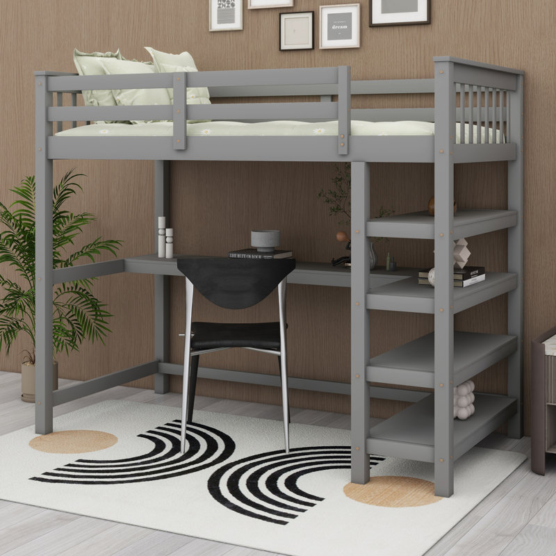 Solid Pine Wood Frame Loft Bed With Under-Bed Desk And Storage Shelves, Gray, Twin